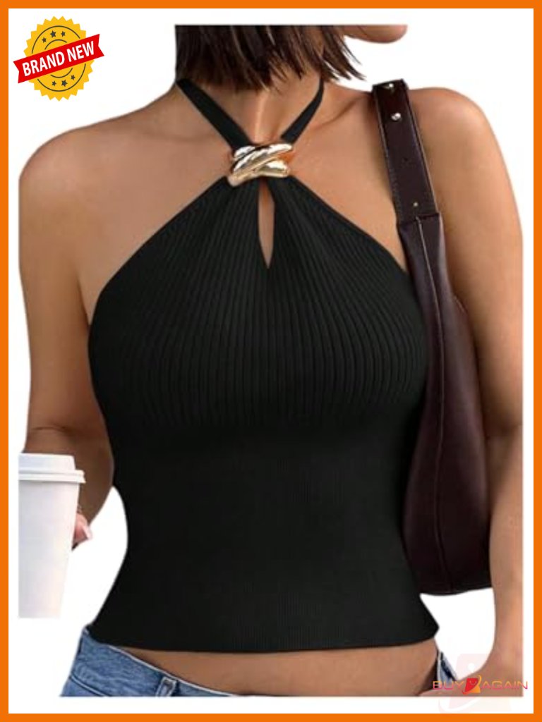 Sexy Ribbed Halter Crop Top Sleeveless